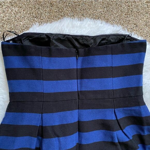 Trina Turk Strapless Mini Dress NEW Pockets Black Blue Striped Women’s 12 Lined - Picture 6 of 12
